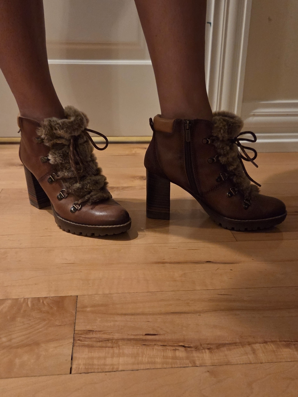 PIKOLINOS Brown Lace-Up Faux-Fur Block Heel Ankle Boots